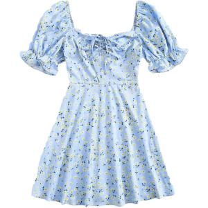 image:imageFloerns Womens Summer Drawstring Sweetheart Neck Puff Sleeve A Line Short DressPastel Blue