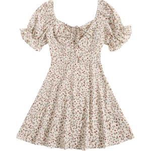 image:imageFloerns Womens Summer Drawstring Sweetheart Neck Puff Sleeve A Line Short DressWhite Floral