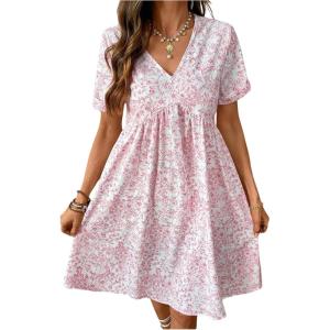 image:imageFloerns Womens Summer Floral A Line Dress V Neck Short Sleeve Beach Vacation OutfitPink