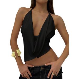 image:imageFloerns Womens Summer Halter Tops Sleeveless Cowl Neck Y2k Going Out Tank TopBlack