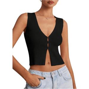 image:imageFloerns Womens Summer Sleeveless Knit Sweater Vest V Neck Slit Hem Tank TopBlack