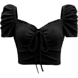 image:imageFloerns Womens Summer Square Neck Schiffy Drawstring Front Crop Top BlouseBlack Solid
