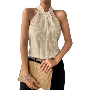 image:imageFloerns Womens Textured Pattern Sleeveless Mock Neck Halter Top Elegant Blouse TopApricot
