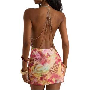 image:imageFloerns Womens Tropical Cowl Neck Halter Mini Dress Chain Backless Date Night Bodycon DressYellow
