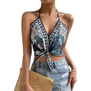 image:imageFloerns Womens V Neck Floral Print Knot Tie Front Backless Halter Summer Crop TopsBlack