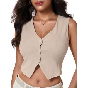 image:imageFloerns Womens V Neck Sleeveless Button Down Blouse Asymmetrical Cropped ShirtsLight Khaki