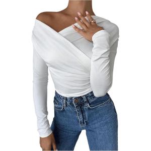 image:imageFloerns Womens Wrap Front Formal Tee Tops Elegant Off The Shoulder Long Sleeve T ShirtsWhite
