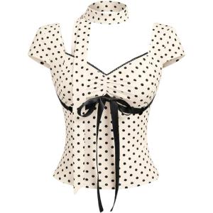 image:imageFloerns Womens Y2K Ruched Bow Polka Dots T Shirts Sweetheart Neck Cap Sleeve Tops with ScarfBeige