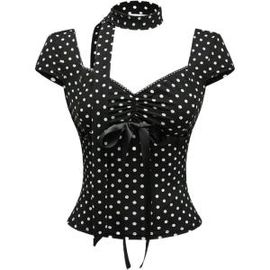 image:imageFloerns Womens Y2K Ruched Bow Polka Dots T Shirts Sweetheart Neck Cap Sleeve Tops with ScarfBlack