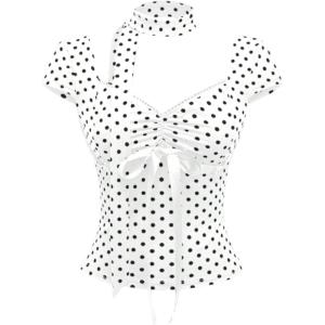 image:imageFloerns Womens Y2K Ruched Bow Polka Dots T Shirts Sweetheart Neck Cap Sleeve Tops with ScarfWhite