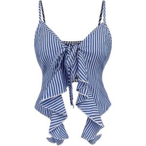 image:imageFloerns Womens Y2K Striped Tie Front Tops Ruffle Trim Spaghetti Strap CamisoleBlue
