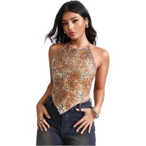 image:imageFloerns Womens Y2k Halter Tops Shiny Sequin Hanky Hem Club Going Out Cami TopBrown