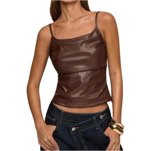 image:imageFloerns Womens Y2k Leather Cami Top Spaghetti Strap Ruched Date Night CamisoleBrown