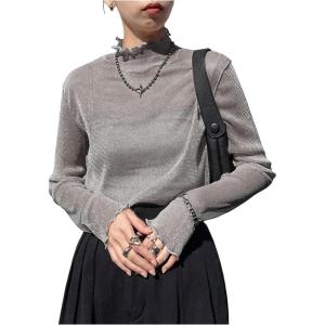 image:imageFloerns Womens Y2k Long Sleeve T Shirts Mock Neck See Through Going Out Tee TopsGrey