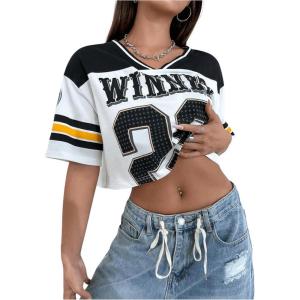 image:imageFloerns Womens Y2k Number Jersey Shirts V Neck Baggy Streetwear Summer T Shirts TopsBlack and White