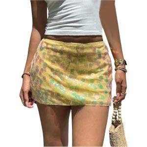 image:imageFloerns Womens Y2k Sequin Low Waisted Skirt Sparkly Beaded Bodycon Mini Night Out SkirtsYellow