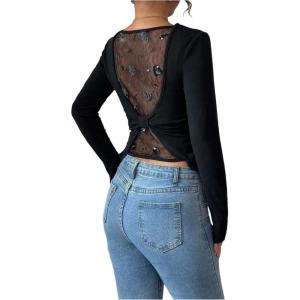 image:imageFloerns Womens Y2k Sheer Mesh Sequin Long Sleeve T Shirts Scoop Neck Ruched Going Out TopsBlack