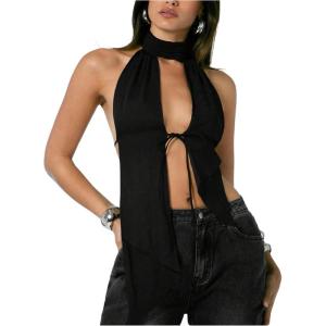 image:imageFloerns Womens Y2k Tie Front Halter Tops Sleeveless Cut Out Asymmetrical Hem Night Out Tank TopBlack
