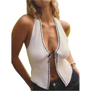 image:imageFloerns Womens Y2k Tie Front Ribbed Cardigan Sweater Halter Neck Summer Going Out TopsWhite