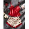 image:imageFloerns Womens 2 Piece Pajama Set Satin Bow V Neck Cami Tops and Heart Print Shorts SetRed and White