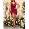 image:imageFloerns Womens Cocktail Satin Mini Dress HOCO Draped Backless Ruched Elegant Short DressesBurgundy