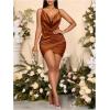 image:imageFloerns Womens Cocktail Satin Mini Dress HOCO Draped Backless Ruched Elegant Short DressesLight Brown