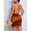 image:imageFloerns Womens Cocktail Satin Mini Dress HOCO Draped Backless Ruched Elegant Short DressesLight Brown