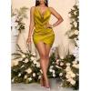 image:imageFloerns Womens Cocktail Satin Mini Dress HOCO Draped Backless Ruched Elegant Short DressesMustard Yellow
