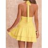 image:imageFloerns Womens Deep V Neck Ruched A Line Halter Mini Dresses Tie Front Asymmetrical Layered Club Party DressesYellow