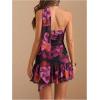 image:imageFloerns Womens Floral Mini Halter Neck Dress Bodycon Ruffle Hem Dress with ScarfBlack and Purple