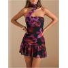 image:imageFloerns Womens Floral Mini Halter Neck Dress Bodycon Ruffle Hem Dress with ScarfBlack and Purple