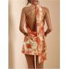 image:imageFloerns Womens One Shoulder Floral Boho Mini Dress Draped Open Back Beach Dresses with ScarfOrange