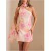 image:imageFloerns Womens One Shoulder Floral Boho Mini Dress Draped Open Back Beach Dresses with ScarfPink