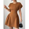 image:imageFloerns Womens Summer Short Dolman Sleeve A Line Dress Crew Neck Pleated Mini DressesRust Brown