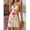 image:imageFloerns Womens Summer Tropical Twist Front Ruched Ruffle Hem Bodycon Cami DressApricot