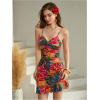 image:imageFloerns Womens Summer Tropical Twist Front Ruched Ruffle Hem Bodycon Cami DressPink Multi