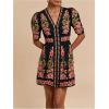 image:imageFloerns Womens Tropical Puff Sleeve Mini Dress V Neck Beach Vacation A Line DressesBlack