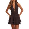 image:imageFloerns Womens Deep V Neck Ruched A Line Halter Mini Dresses Tie Front Asymmetrical Layered Club Party DressesCoffee Brown