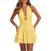 image:imageFloerns Womens Deep V Neck Ruched A Line Halter Mini Dresses Tie Front Asymmetrical Layered Club Party DressesYellow