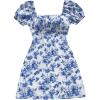 image:imageFloerns Womens Floral Puff Sleeve Square Neck A Line Dress Ruched Bust Boho Flared Mini DressesBlue and White