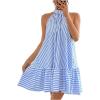 image:imageFloerns Womens Summer Halter Dress Striped Sleeveless Ruffle Hem Beach Vacation Flowy DressesBlue and White