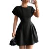 image:imageFloerns Womens Summer Short Dolman Sleeve A Line Dress Crew Neck Pleated Mini DressesBlack