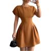 image:imageFloerns Womens Summer Short Dolman Sleeve A Line Dress Crew Neck Pleated Mini DressesRust Brown