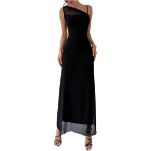 image:imageFloerns Womens Asymmetrical Neck Cocktail Dress Sleeveless Mesh Formal Wedding Guest Bodycon DressesBlack