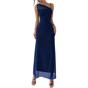 image:imageFloerns Womens Asymmetrical Neck Cocktail Dress Sleeveless Mesh Formal Wedding Guest Bodycon DressesDark Blue
