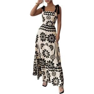 image:imageFloerns Womens Boho Floral Tie Shoulder Dress Straps Sleeveless Ruffle Hem Flowy Summer Vacation Midi DressesBlack