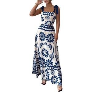 image:imageFloerns Womens Boho Floral Tie Shoulder Dress Straps Sleeveless Ruffle Hem Flowy Summer Vacation Midi DressesBlue