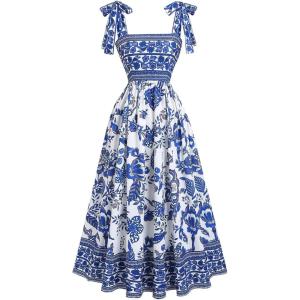 image:imageFloerns Womens Boho Floral Tie Shoulder Dress Straps Sleeveless Ruffle Hem Flowy Summer Vacation Midi DressesBlue and White
