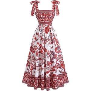image:imageFloerns Womens Boho Floral Tie Shoulder Dress Straps Sleeveless Ruffle Hem Flowy Summer Vacation Midi DressesRed