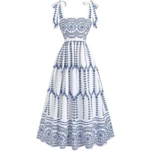 image:imageFloerns Womens Boho Floral Tie Shoulder Dress Straps Sleeveless Ruffle Hem Flowy Summer Vacation Midi DressesWhite and Blue
